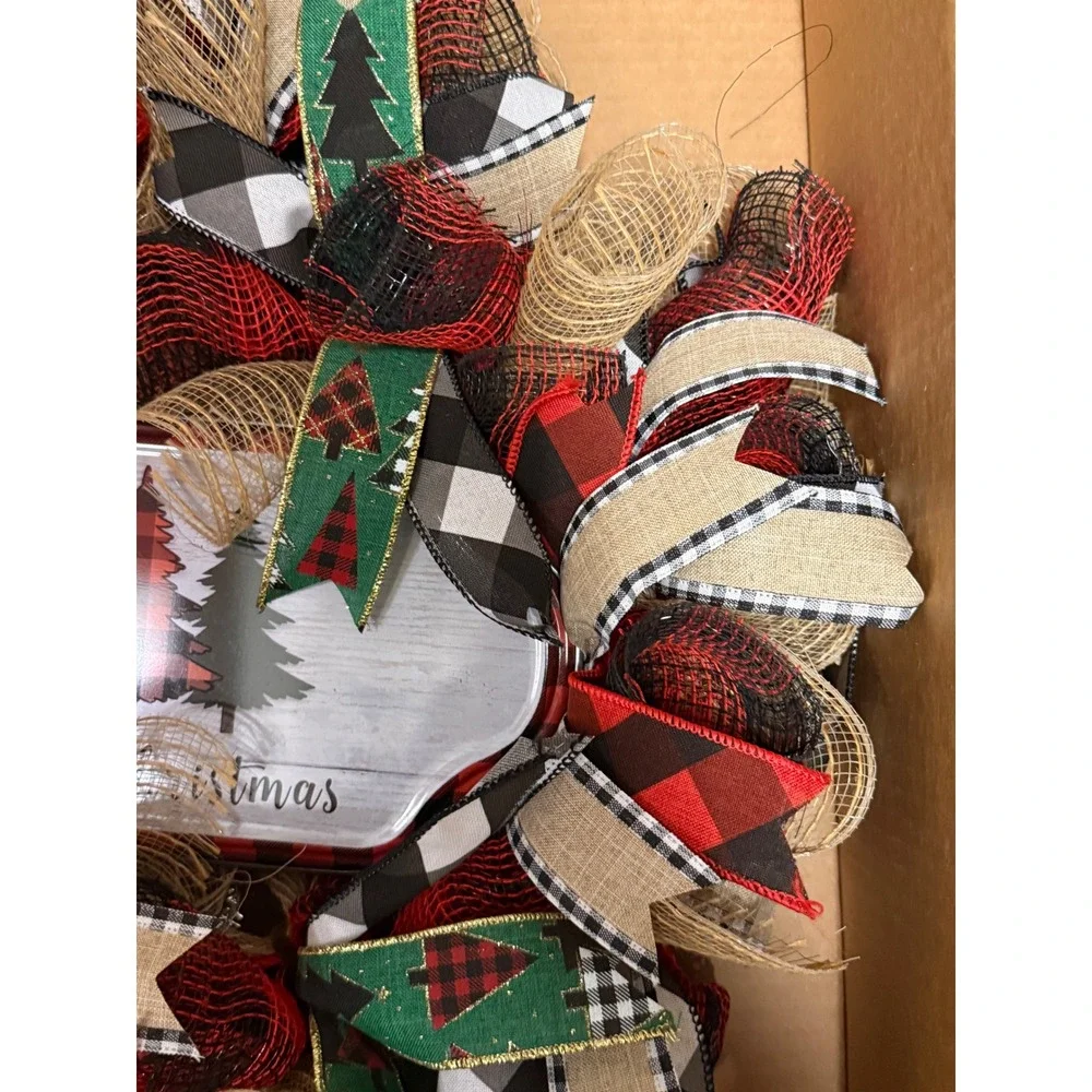 Handmade Christmas Deco Mesh Wreath Merry Christmas Buffalo Plaid Rustic Decor
